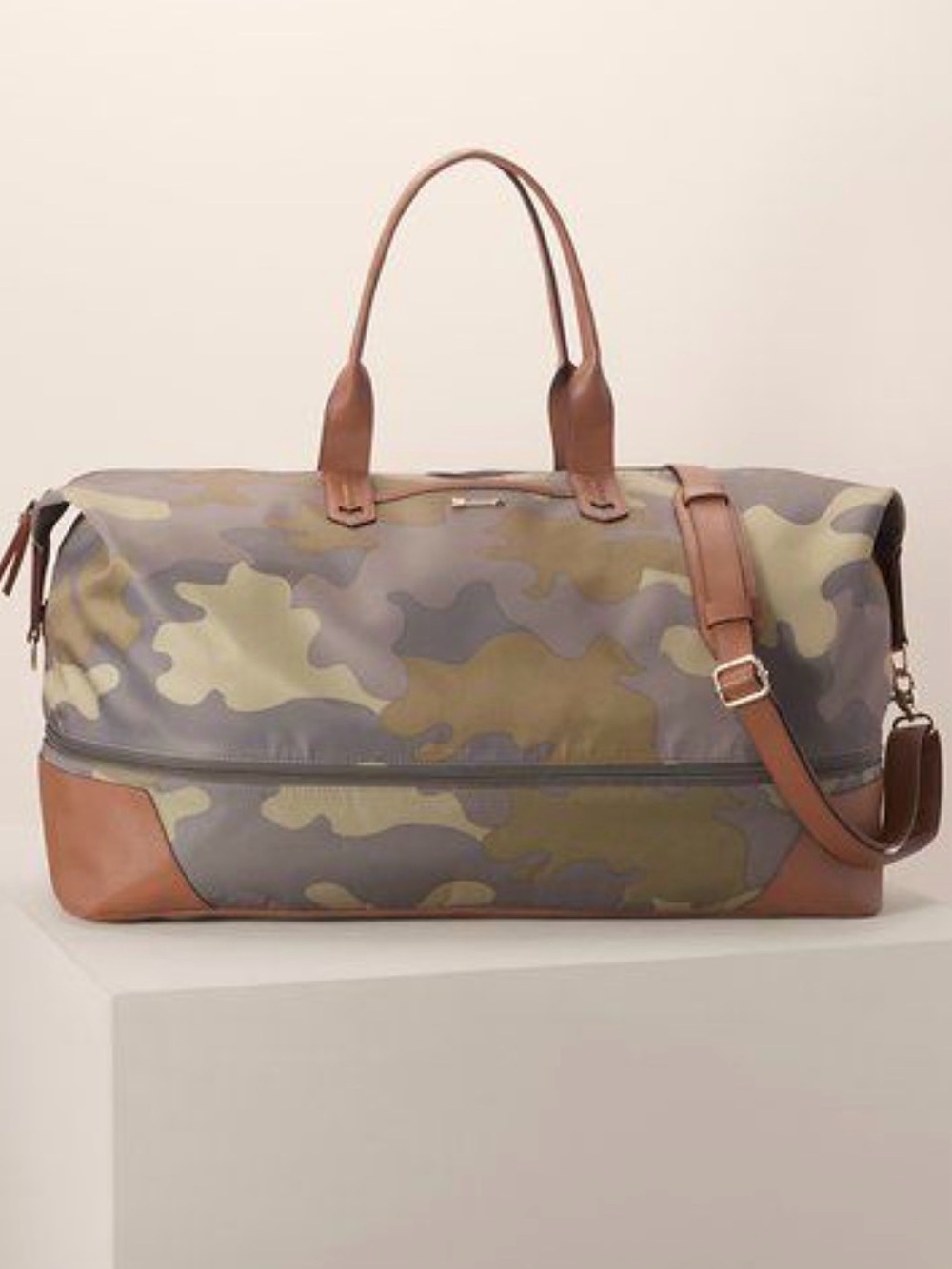 Woman’s Camo Weekender Duffel Bag with Brown Leather Trim